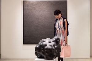 A visitor with 'Anomaly' by Xu WenKai at the 12th Sovereign Asian Art Prize 2016. Photo: Kitmin Lee.